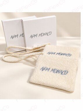 APM Monaco Set of 2 Ivory Boucle Jewelry Pouches Wristlet Bags w/ Box